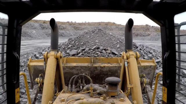 View from yellow skid steer loader cab working with rocks at the quarry.