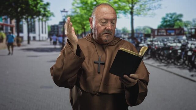 Man monk in brown habit holds a bible with left hand and raises right hand in street while reading aloud, gesturing blessing; devotion prayer.