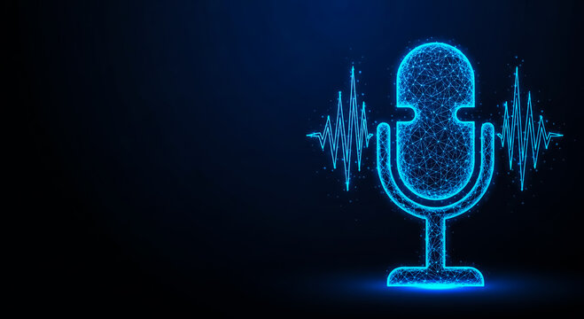 Digital illustration of a glowing AI head with sound waves, representing voice recognition, speech analysis, and advanced technology in a dark blue theme.