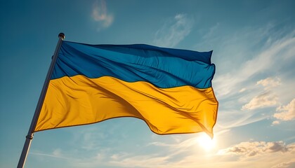 The Ukrainian flag waving in the wind against a bright blue sky with sun and clouds