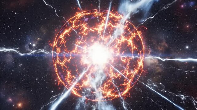 Exploding Star in Deep Space - This video showcases a dramatic, fiery explosion of a dying star in deep space, complete with intense light emissions and glowing particles.