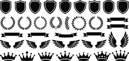 Heraldic Outline Silhouette Set  Shields, Crowns, and Laurel Wreaths