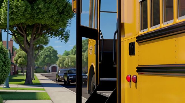 Backpack Teddy bear walking into yellow school bus, Student Bus Transportation Plush Toy Childhood Education Trip