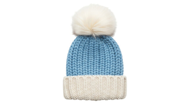Light blue knitted winter hat with pompom isolated PNG, warm wool cap for cold weather fashion on transparent background