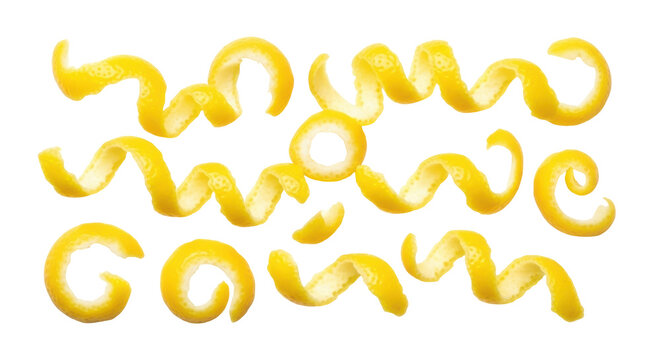 Lemon zest curls isolated PNG, citrus peel garnish for cocktails and desserts on transparent background, cooking ingredient