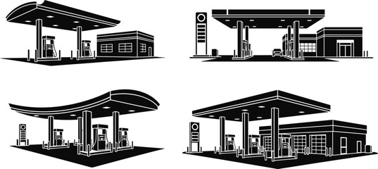 Gas station silhouette set, modern fuel pump service station buildings, petrol forecourt vector illustration, black and white architecture collection © Shirina