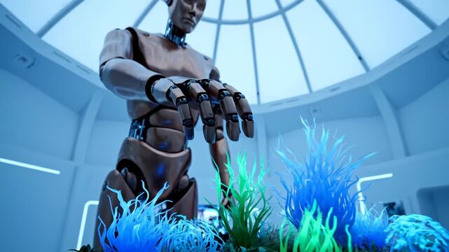 Advanced humanoid robot observes and interacts with vibrant glowing plants in a futuristic environment.