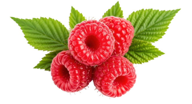 Fresh red raspberries with green leaves isolated PNG, delicious and juicy summer fruit on transparent background for healthy eating and dessert concepts