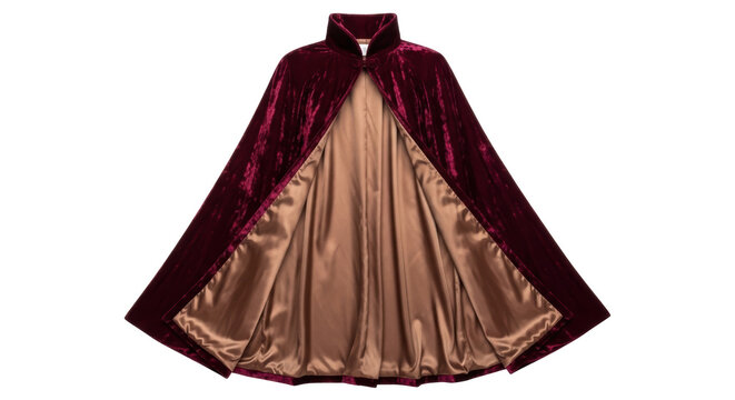 Elegant burgundy velvet cape isolated on transparent background, luxurious cloak with golden lining for costume or fashion design PNG