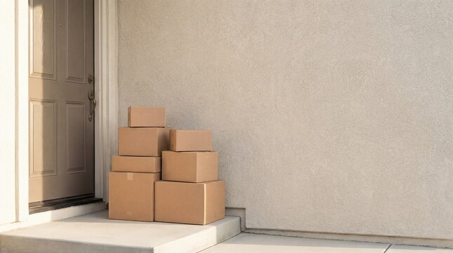 Delivery boxes stacked at front door with copy space, wide home shipping logistics
