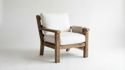 Fototapeta premium A wooden chair with a white cushion sits on a white background
