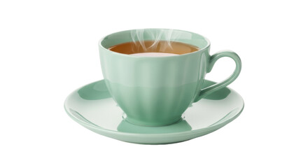 Light green teacup with hot tea isolated PNG, steaming beverage on saucer for breakfast or afternoon break on transparent background