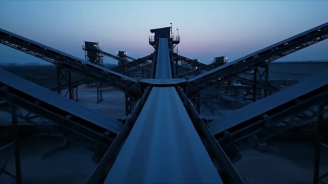 Industrial Conveyor Belts Moving at Twilight in a Large Mining Quarry Plant