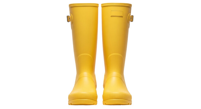 Pair of yellow rubber rain boots isolated PNG on transparent background, waterproof footwear for rainy days and outdoor activities
