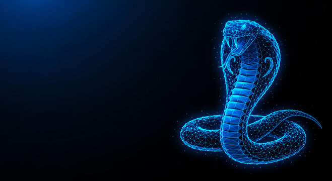 Vibrant blue neon snake with intricate glowing patterns, coiled in a dynamic pose against a dark futuristic background.