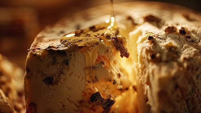 Delicious Bread with Honey Drizzle Close-up.
