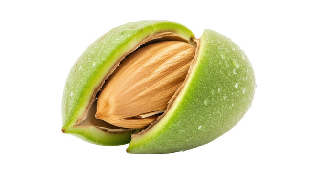 Fresh green almond with shell isolated PNG, unripe fruit on transparent background, healthy snack ingredient for food design
