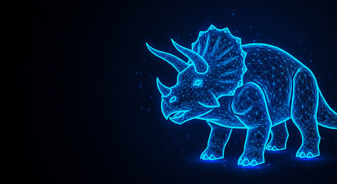 A futuristic neon blue triceratops outlined in glowing light against a dark space-like background, evoking sci-fi and digital art themes.
