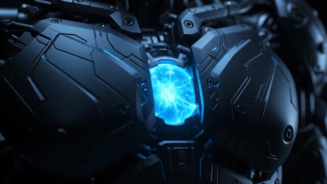 Futuristic Robotic Armor with Pulsing Blue Energy Core