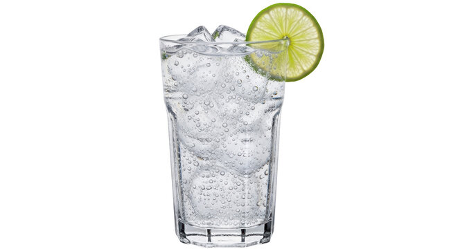 Refreshing gin and tonic with lime isolated PNG, classic cocktail with ice cubes and bubbles on transparent background for summer drinks menu