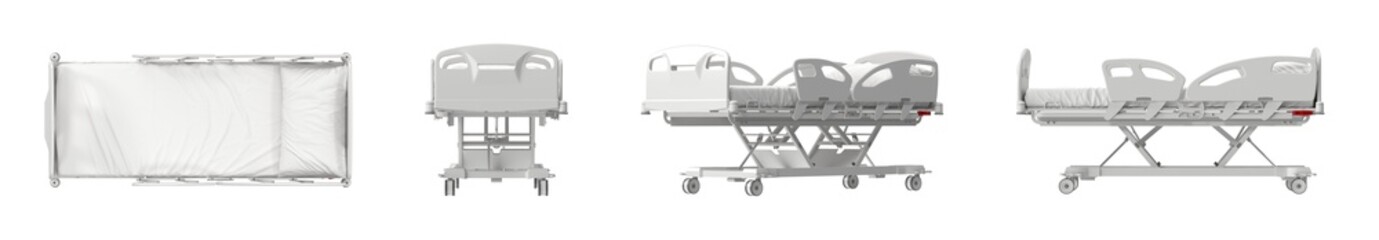Modern hospital bed with adjustable features and wheels, shown from multiple angles