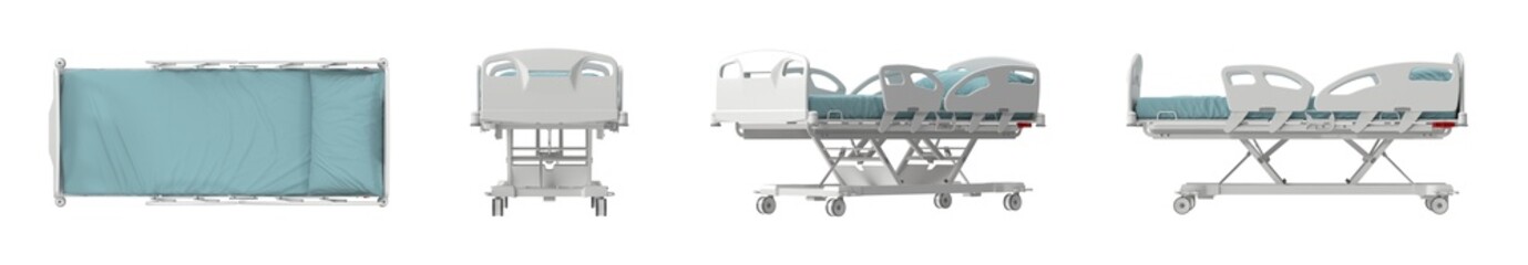 Modern hospital bed with adjustable features and wheels, shown from multiple angles