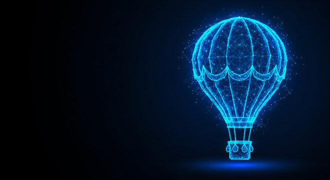 Futuristic hot air balloon with neon blue circuit-like design, glowing against a dark background, symbolizing innovation and technology.