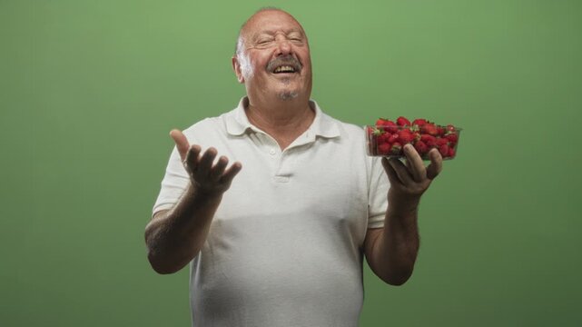 Man holds container of strawberries with hand on chest and offers fruit in studio; joy generosity warmth welcome.