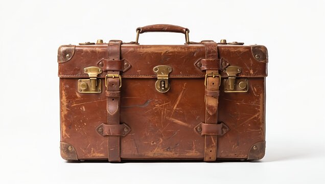 Vintage brown leather suitcase with brass buckles and worn texture, retro travel luggage isolated on white