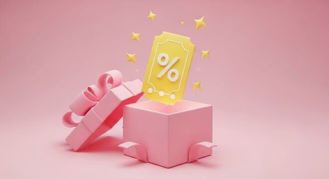 Pink gift box opens revealing yellow discount coupon with percentage sign and yellow stars
