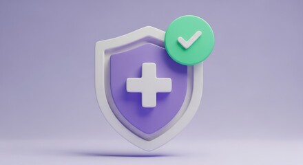 Obraz premium 3D purple shield with white cross and green checkmark on light purple background protection