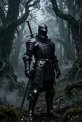 Naklejka premium Dark Knight in a Haunted Forest – Fantasy Concept Art 