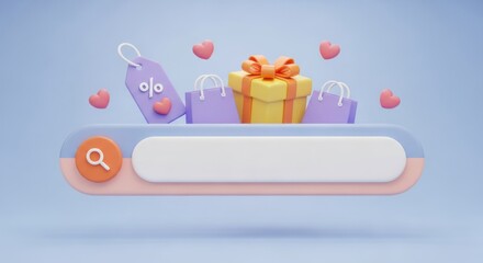 3D search bar with gift bags hearts and discount tag on pastel background 3d rendering present