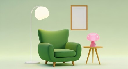 A plush green armchair sits beside a white floor lamp and a pink mushroom lamp on a small table