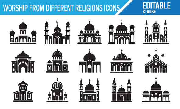 Different religions worship icons, flat design.