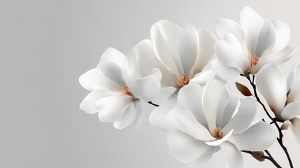 Fototapeta premium A cluster of white magnolia blossoms on a soft gray background, with clean, minimalist lines