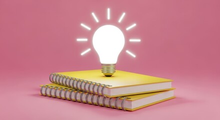 Glowing light bulb atop stacked yellow notebooks on pink background idea innovation