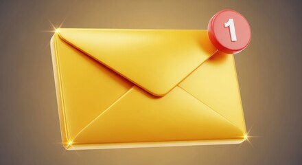 Golden envelope with red notification bubble showing number one email notification new message