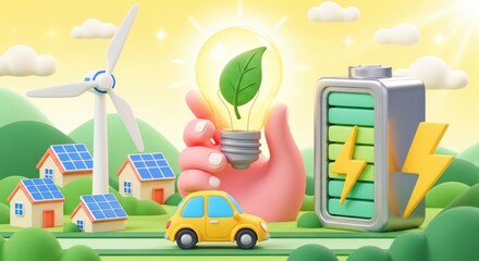 Hand holding lightbulb with green leaf near wind turbine solar panels and battery renewable energy