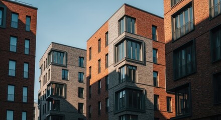 Naklejka premium Modern brick apartment buildings bathed in warm, golden hour sunlight.