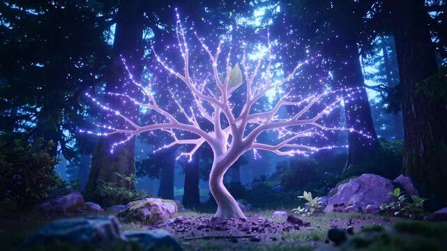 Magical glowing tree growing rapidly from forest floor. Enchanted plant blooming with purple light in dark woodland. Tilt up wide shot.