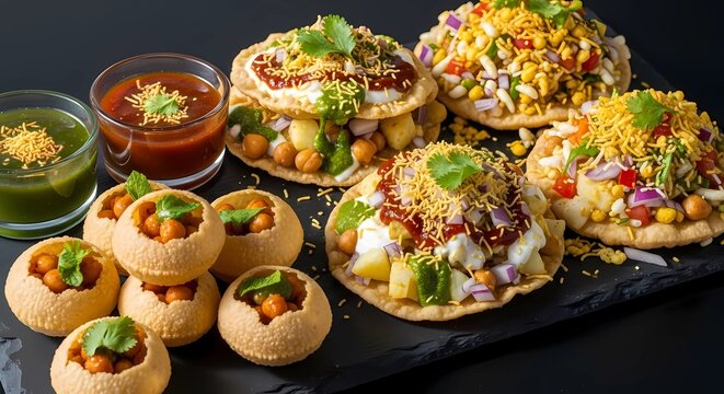 Indian street food chaat pani puri bhel puri snacks on black slate plate