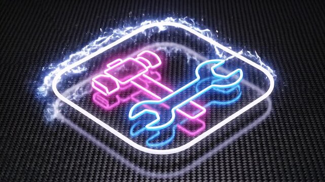Neon Tools Icon - A digital illustration of a hammer and wrench, glowing with neon pink and blue lights, inside a rounded square on a black carbon fiber background.