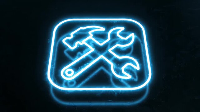 Neon Tools Icon - A glowing blue neon icon of a hammer and wrench crossed inside a rounded square is displayed against a dark, cracked background with blue lightning effect.