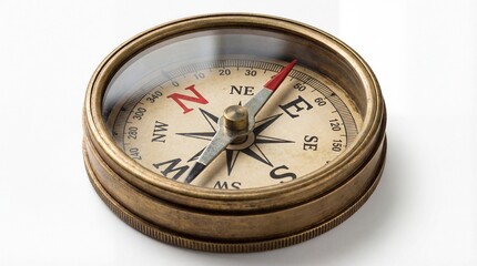Closeup magnetic compass north south white background