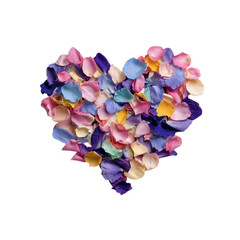 A heart made of colorful flower petals on a transparent background.