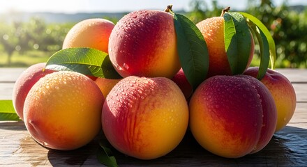Fresh Peaches Stacked, Sunny Orchard, Food Photography, Nature Setting, Close-Up View, Healthy Eating Concept