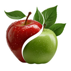 Image of two fresh apples on a transparent background: red and green, separated by a curved line in the yin-yang style. The concept of healthy nutrition and diet.
