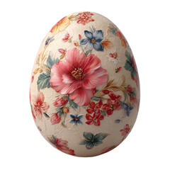 An Easter egg on a transparent background, decorated with a three-dimensional floral pattern in pastel colors.