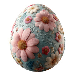 An Easter egg on a transparent background, decorated with a three-dimensional floral pattern in pastel colors.